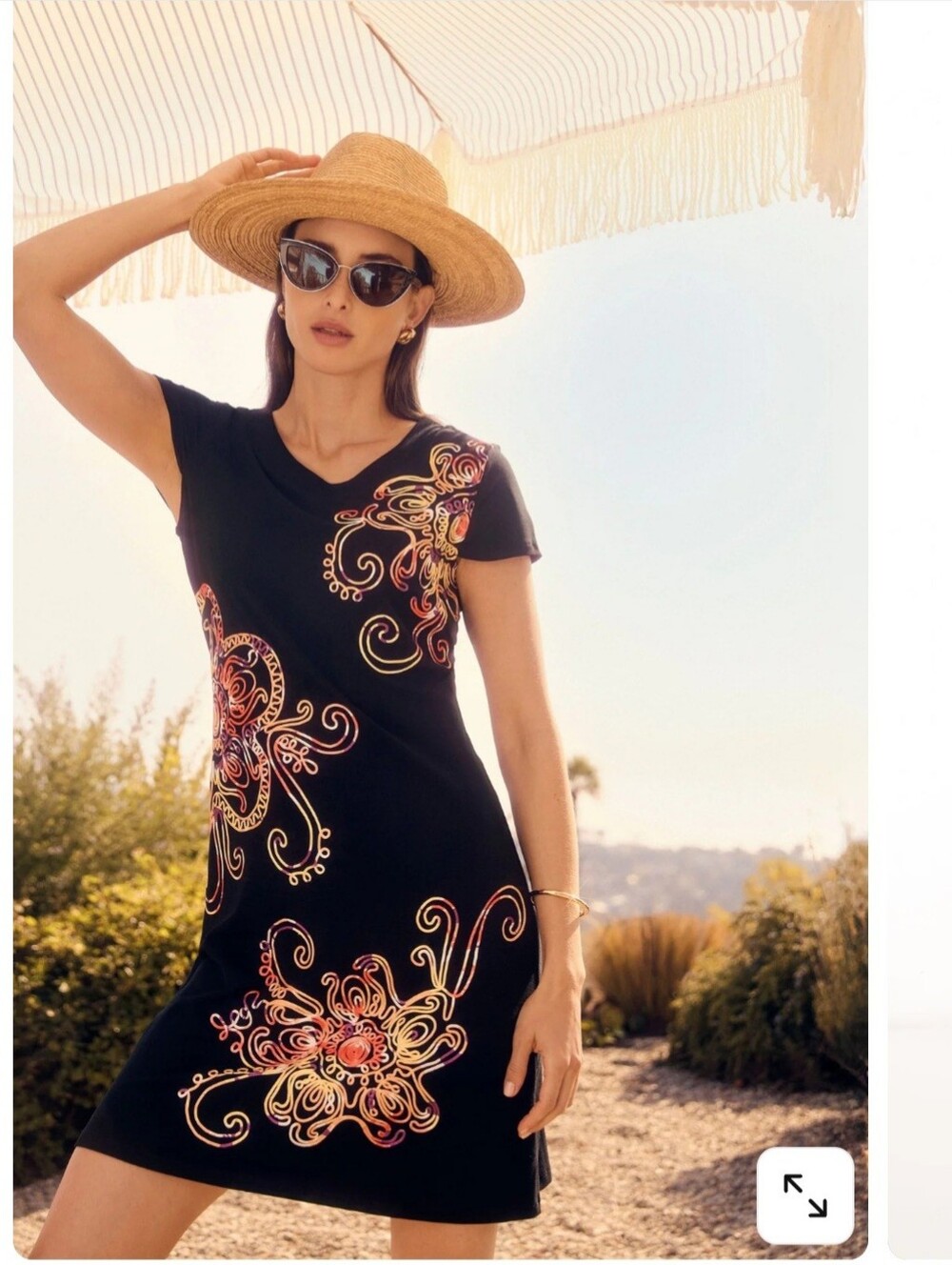Frank Lyman Black/Butter Metallic Floral Knit A-Line Mini Dress Size M